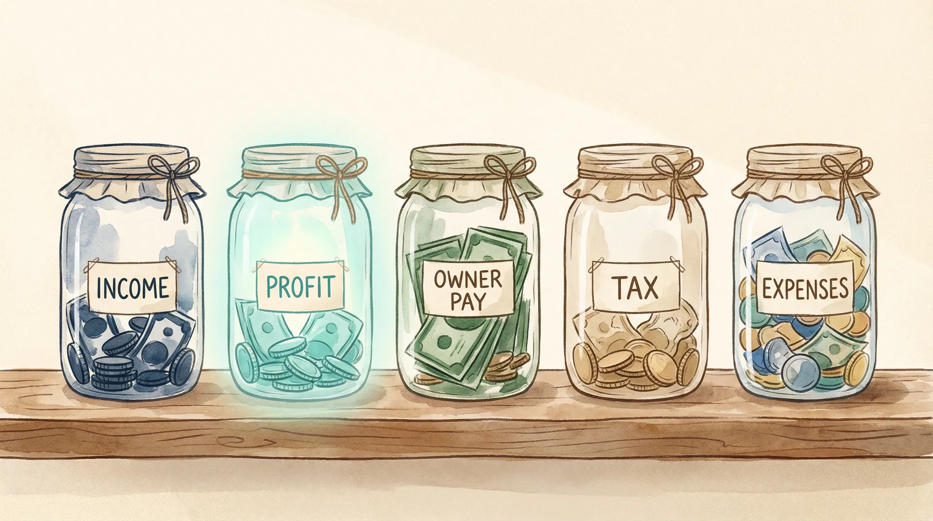 Five jars representing the five Profit First accounts